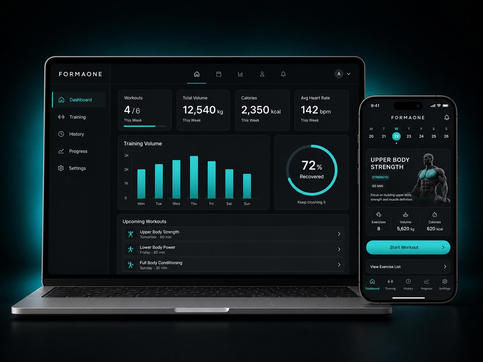 FormaOne App auf iPhone und Apple Watch — Trainingsplan, Fortschritts-Charts und AI Coach.