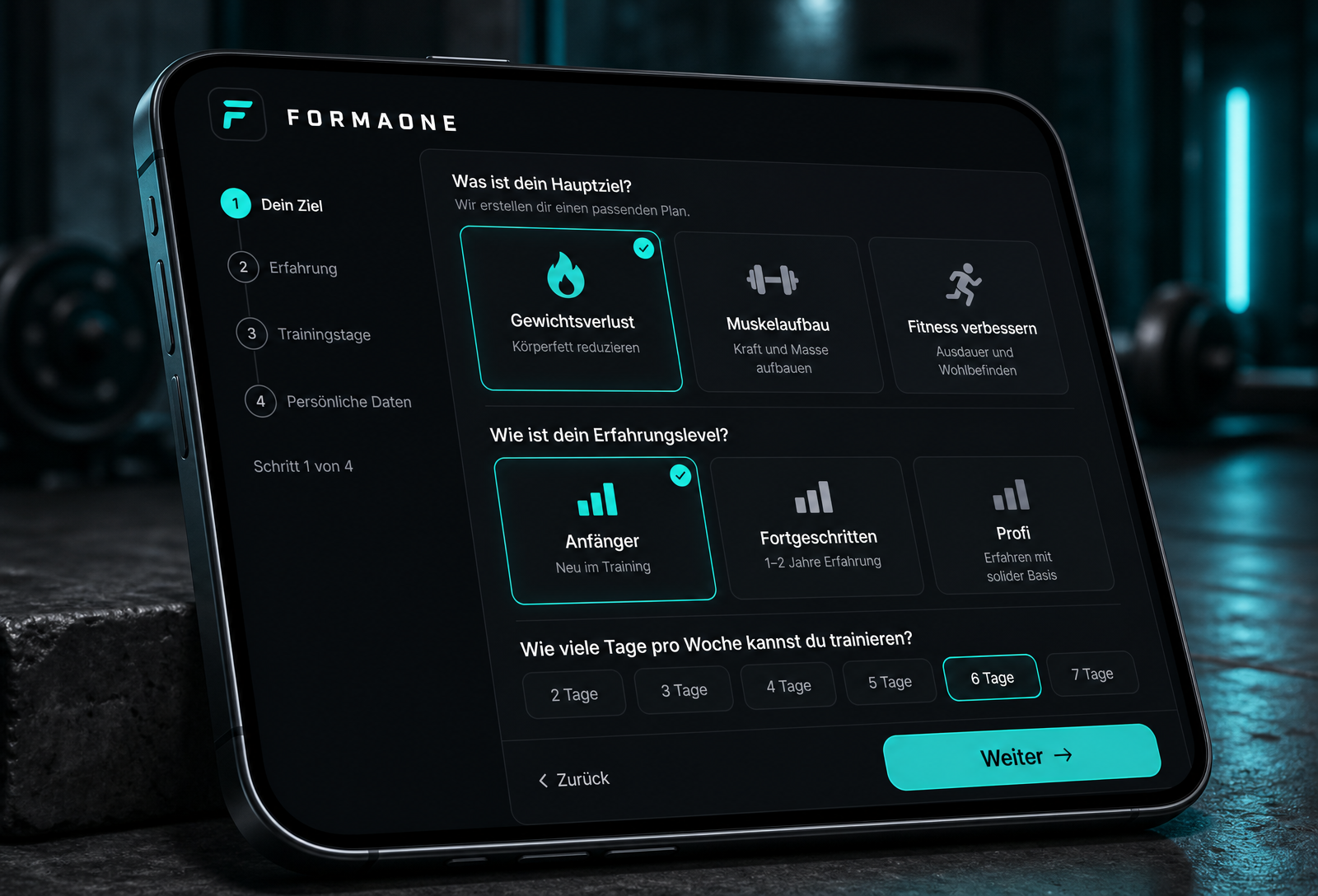 FormaOne Onboarding — Ziel, Erfahrungslevel und Trainings-Tage wählen.